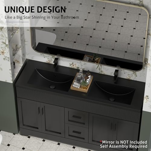 Image of eclife 60 inch Bathroom Vanities Sink Combo with Painted Surface, Modern Drawered Cabinet W /Decorative Wave Lines, Undermount Double Black Sink, Matte Black Faucet Drain, Black