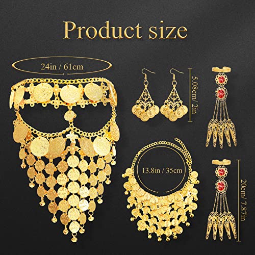 Hinly 6 Pcs Belly Dancer Jewelry Set Gold Coins Veil Necklace Earrings and Bracelet with Finger Nails Gypsy Egyptian Belly Dancing Outfit for Women Halloween Dance Accessories by Hinly - Image 2