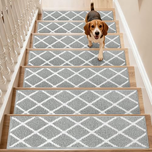 COSY HOMEER Edging Stair Treads Non-Slip Carpet Mat 28inX9in Indoor Stair Runners for Wooden Steps, Stair Rugs for Kids and Dogs, 100% Polyester TPE Backing 4pcs,Brown Brown 4pc