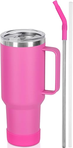 Vaso de 40 onzas con asa y pajilla, taza aislada al vacío de doble pared de acero inoxidable, taza de café de viaje de 40 onzas a granel con funda