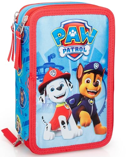 Clondo Astuccio 3 Scomparti – 45 Pezzi – Per Paw Patrol Fan – 2 Penne Gel Cancellabili, Colla, Forbici, Pastelli 4.0, 3 Zip – Scuola Elementare e Regalo Bambini – Rosso e Azzurro