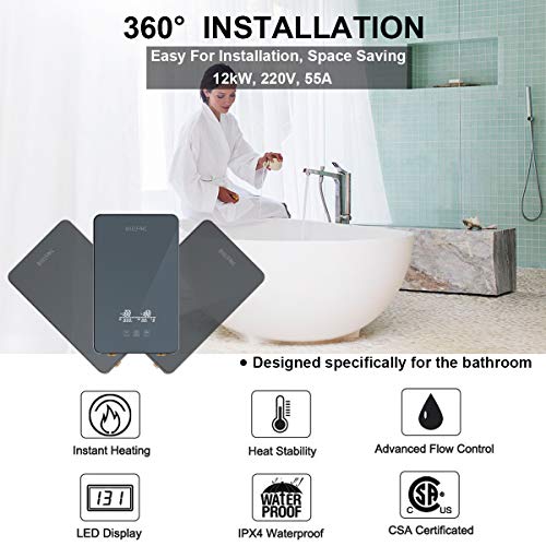 Electric Tankless Hot Water Heater 220/240V Instant,Suitable Shower Sink Kitchen Bathroom Bathtub RV Whole House, Hot Water Output of 1.8 GPM,2 PCs 16” Long 1/2”FIP copper head hose (Black 12KW) - Thumbnail 7