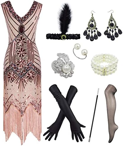 Women's 1920s V Neck Beaded Fringed Gatsby Theme Flapper Dress with Accessories Set (Medium, Pink)