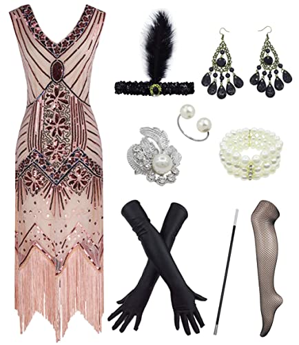 Women's 1920S V Neck Beaded Fringed Gatsby Theme Flapper Dress With Accessories Set (Medium, Pink) #TOP7