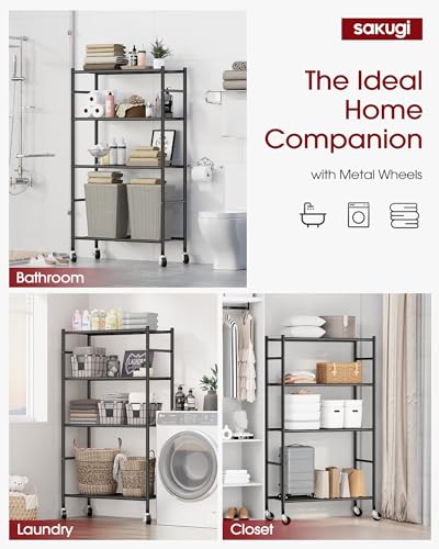 Image of Sakugi 4-Tier Storage Shelves 33.1 inch x12.6 inch x58.9 inch Black with Wheels | Kitchen, Closet, Pantry, Garage, Heavy Duty, Adjustable Feet, Metal Construction