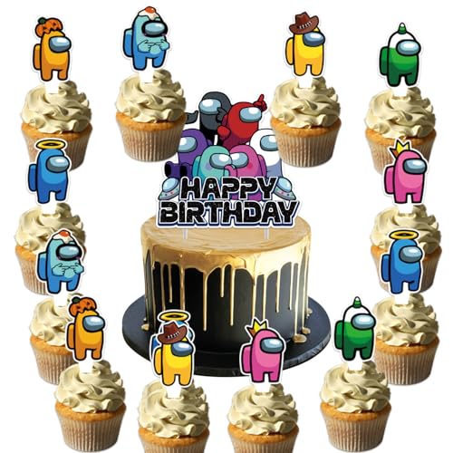 25Pcs Among Game Birthday Party Supplies Pack Includes 1 Cake Topper 24 Cupcake Toppers for Among Game Party Supplies
