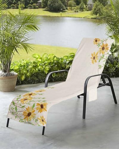 Daisy Flower Beach Chair Towel Covers for Chaise Lounge with Side Pocket, Soft Plush Pool Towels Cover for Patio Sunbathing Outdoor 29''x85'' Vintage Yellow Flower Green leaves