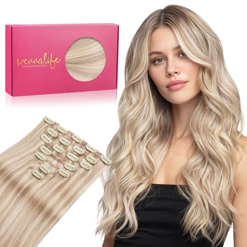 WENNALIFE Clip in Hair Extensions Real Human Hair, 22 Inch 130g 7pcs Balayage Light Wheat Platinum Blonde Remy Hair Straight Natural Extensiones De Cabello Humano Con Clip Ins