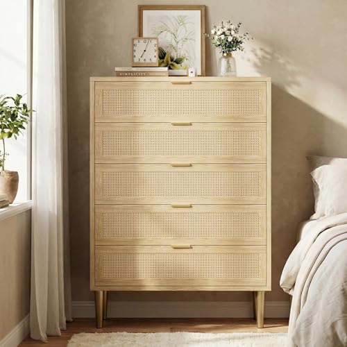 Garvee Rattan 5 Drawer Dresser, 44.1''H Wood Dresser, Chest of Drawers with Gold Legs and Handles, Dressers with Large Tabletop and Anti-Tipping Design for Bedroom, Natural