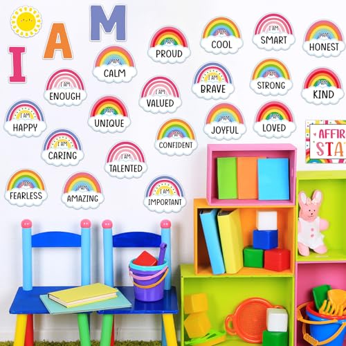 Frienda Rainbow Affirmation Station Bulletin Board Set Motivational Posters Classroom Mirror Growth Mindset Decor Positive Affirmations Accents Cutouts for School Office Home Teacher Wall Supply