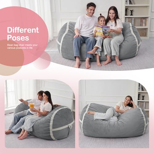 Image of 5FT Bean Bag Chair 5'Giant Bean Bag Chairs with Adults, Large Beanbag Chair | Bean bag Lounger with Machine Washable Cover Dutch Velvet Fabric, Comfy Chairs for Living Room, Bedroom, Dorm, Lightgrey