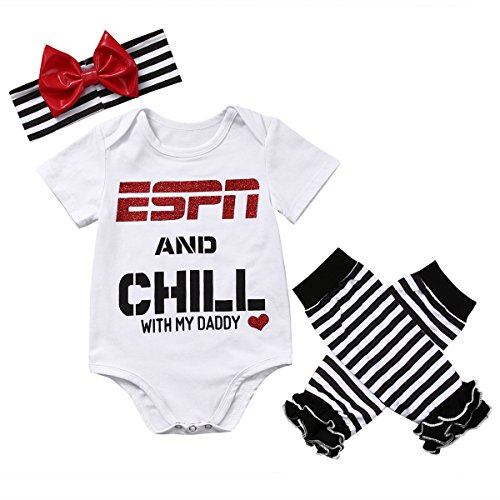 Image of ABEE Baby Girls ESPN and Chill with My Daddy Bodysuit and Socks Outfit with Headband,12-18 Months