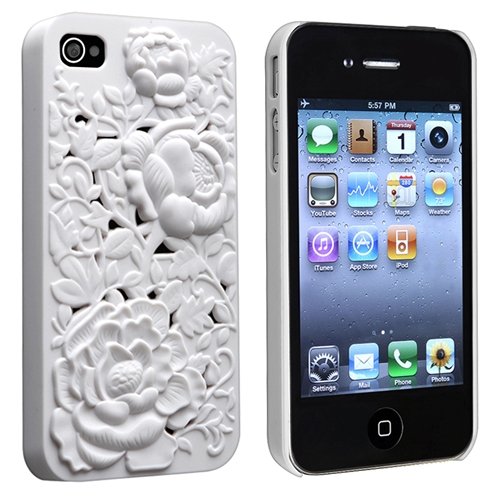 eForCity Snap-on Case Compatible with Apple iPhone 4 / 4S, White 3D Rose Sculpture