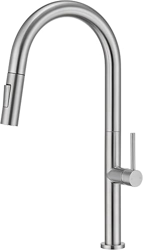 MONDAWE Grifos de cocina de níquel cepillado con rociador extraíble, moderno grifo de arco alto de acero inoxidable para fregadero, grifo táctil