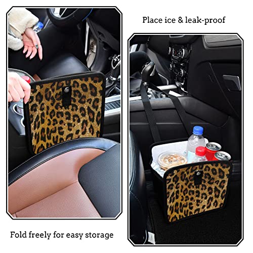 Image of Brown Leopard Print Car Trash Can, Foldable Hanging Car Trash Bag, Cheetah Golden Glitter Animal Skin Small Waterproof Car Accessories Garbage Bin