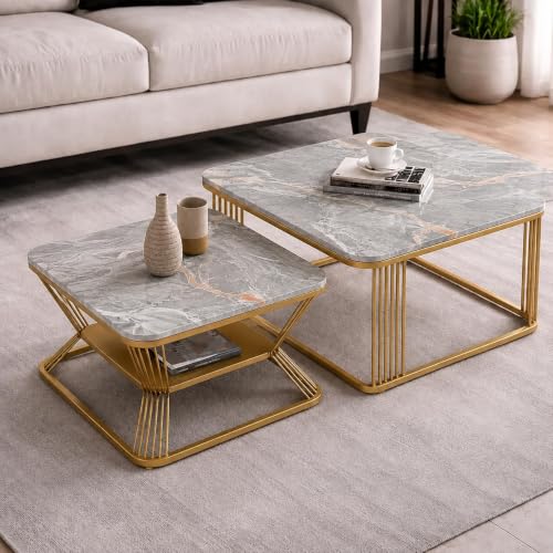 Image of Brown Art Shoppee Set of 2 Modern Coffee Tables with Marble Finish Top, Metal Frame, Nesting Center Table & End Table for Living Room Home Decor (Golden & Grey)