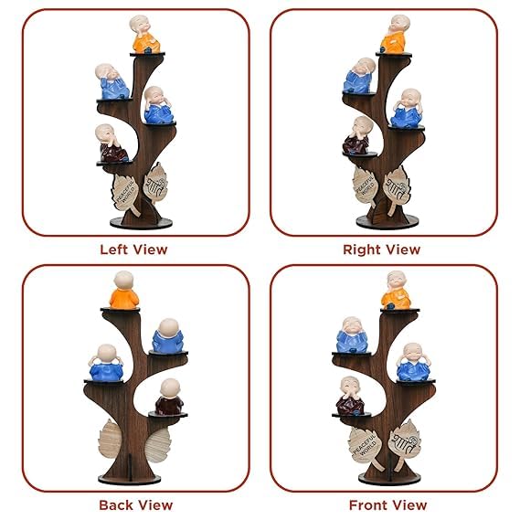 Image of Precious Art Gifts Buddha Monk Under Tree Showpiece Set of 4 for Home Decor | Monk Tree Statue with Wooden Stand | Meditation Buddha Figurines | Spiritual Gift & Office Table Decor