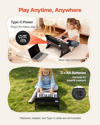 VEVOR Kinder Keyboard, 25 Tasten, Digitales Holzpiano, Holzklavier ab 3 Jahren, Mini-Musikinstrument mit Realistischem Klang, Dual-Power, Einstellbare Lautstärke, Musikalische Früherziehung, Schwarz