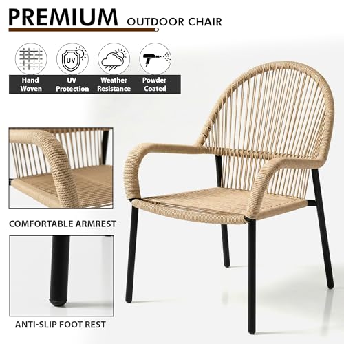 Image of BRISHI Garden Patio Seating Chair and Table Set Outdoor Balcony Garden Coffee Table Set Furniture with 1 Table and 2 Chairs Set with Cushion Braid & Rope (Beige)