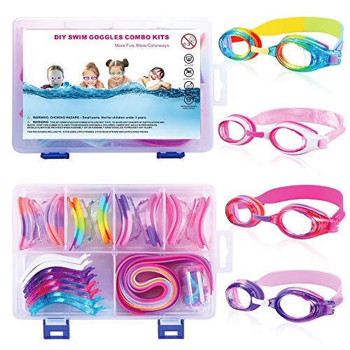 DIY Swim Goggles Kits,4 Pack Swimming Goggles,Kids Goggles for Swimming, Anti Fog UV Protection Wide View Lens, No Leaking Comfort Seals,Replacement Straps for Girls, Toddler and Youth by RUIGAO