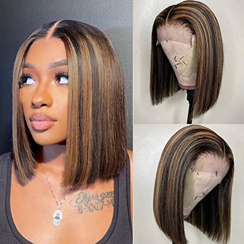 Haha Brown Bob Highlight Wig Human Hair Ombre Lace Front Wig 4X4 Closure Bob Wig Straight Short Bob Wig For Women Black Honey Blonde 12 Inch 180% Density Glueless Pre Plucked #TOP1