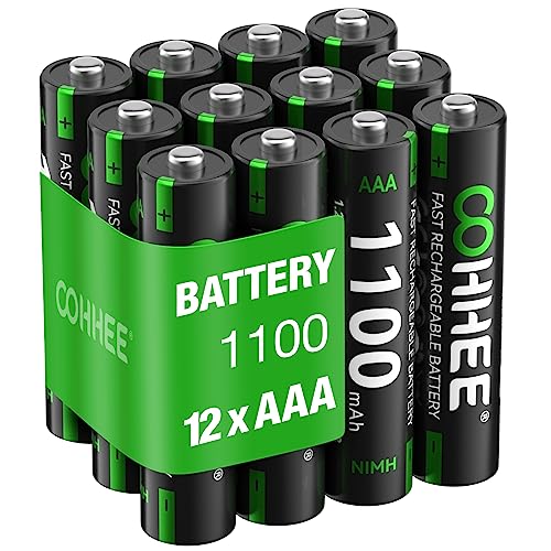 OOHHEE Rechargeable AAA Batteries 12 Piece, 1200 Tech Mignon AAA Batteries, Ni-MH 1100mAh AAA Battery, Low Self-Discharge 1.2V AAA Battery, with 3 x Battery Protection Boxes