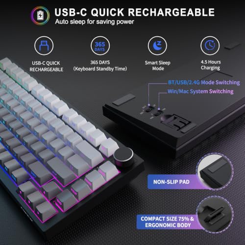 Image of FOPETT Wireless Mechanical Keyboard Rechargeable Adjustable Backlight Three Mode Wired /2.4G /Bluetooth Side Engraved for Laptop /Windows /PC - Gradient Grey Black