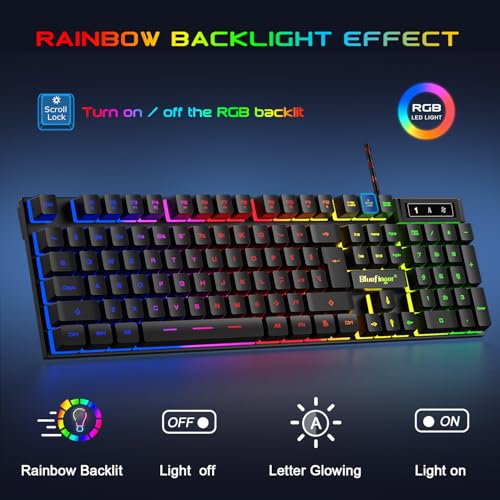 Image of BlueFinger RGB Gaming Keyboard and Backlit Mouse and Headset Combo, USB Wired Backlit Keyboard, LED Gaming Mouse Set, Headset with Microphone for Laptop PC Computer Game and Work