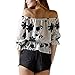 EFINNY Women Floral Printed Off Shoulder 3/4 Sleeve Tunic Top Shirt Blouse White