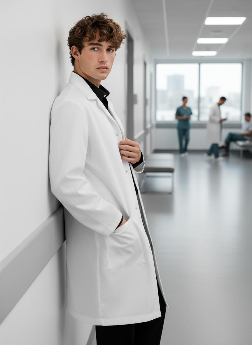 Unisex medyczny fartuch laboratoryjny dla mężczyzn i kobiet, kieszenie na biodrach i klatce piersiowej, klasyczny krój, zapięcie na zatrzask, długość 100 cm