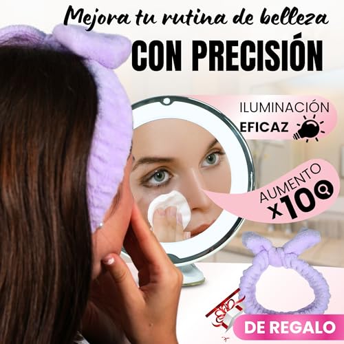 Genérico Espejo Maquillaje con luz LED, Espejo Aumento X10, Gratis Diadema Maquillaje, Ventosa de Pared y Giratorio, a Pilas (no Vienen Incluidas) Espejo para Baño. - imagen 2