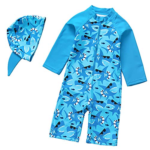 Jungen Mädchen Schwimmen Kostüm Einteiler Cartoon Hai Badebekleidung mit Mütze Kurzarm 2-7 Jahre Cover