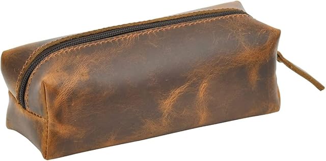 Leather Pencil Case I Pencil Pouch for Women and Men for Uni, School, Travel I Pen Case for Stationery or Toiletries I Zip Pouch by Jajmo Legacy (Bourbon Brown)