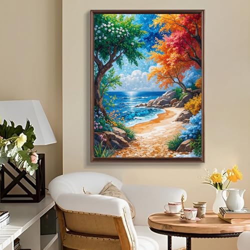 Image of Amphol Landscape Diamond Art Kits for Adults, Beach 5D Diamond Painting Kit with Resin Gems for Beginners, DIY Embroidery Craft Kits for Home Decor, Gifts - 12x16 Inch