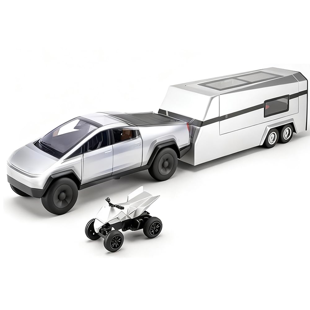 Cyber Style Truck Alloy Diecast Toys with Metal Trailer and Motorcycle Pull Back Pickup Model with Sound and