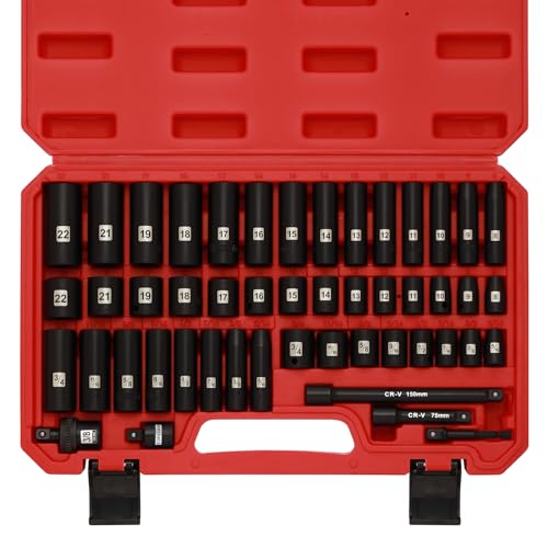Image of Mayouko 49 Pieces 3 /8 inch Drive Impact Socket Set, 5 /16 inch-3 /4 inch, 8-22MM, SAE /Metric, 6 Point, CR-V, Includes Extension Bar, Adapter, Universal Joint