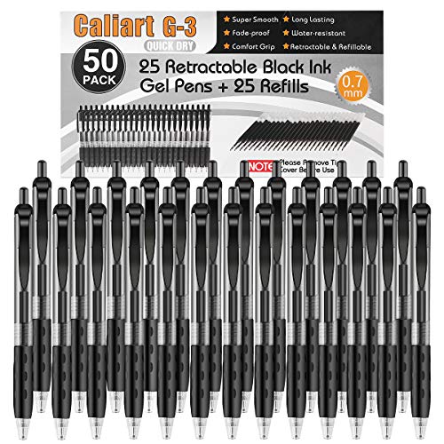 Caliart 50 Pack(25 Gel Pens with 25 Refills) Retractable Gel Ink Rollerball Pens Black Gel Pens Medium Ballpoint Pens for Smooth Writing with Comfort Grip, Grate Black to School Gift