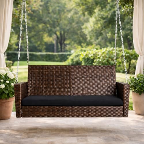 Image of Carry Bird Rattan Wicker Two Seater Swings with Cushion, Brown, 120x60x60 cm, Garden Porch Hammock for Adults (Black Cushion, 2 Seater Prouch Swing, Leather Brown Prouch Swing)