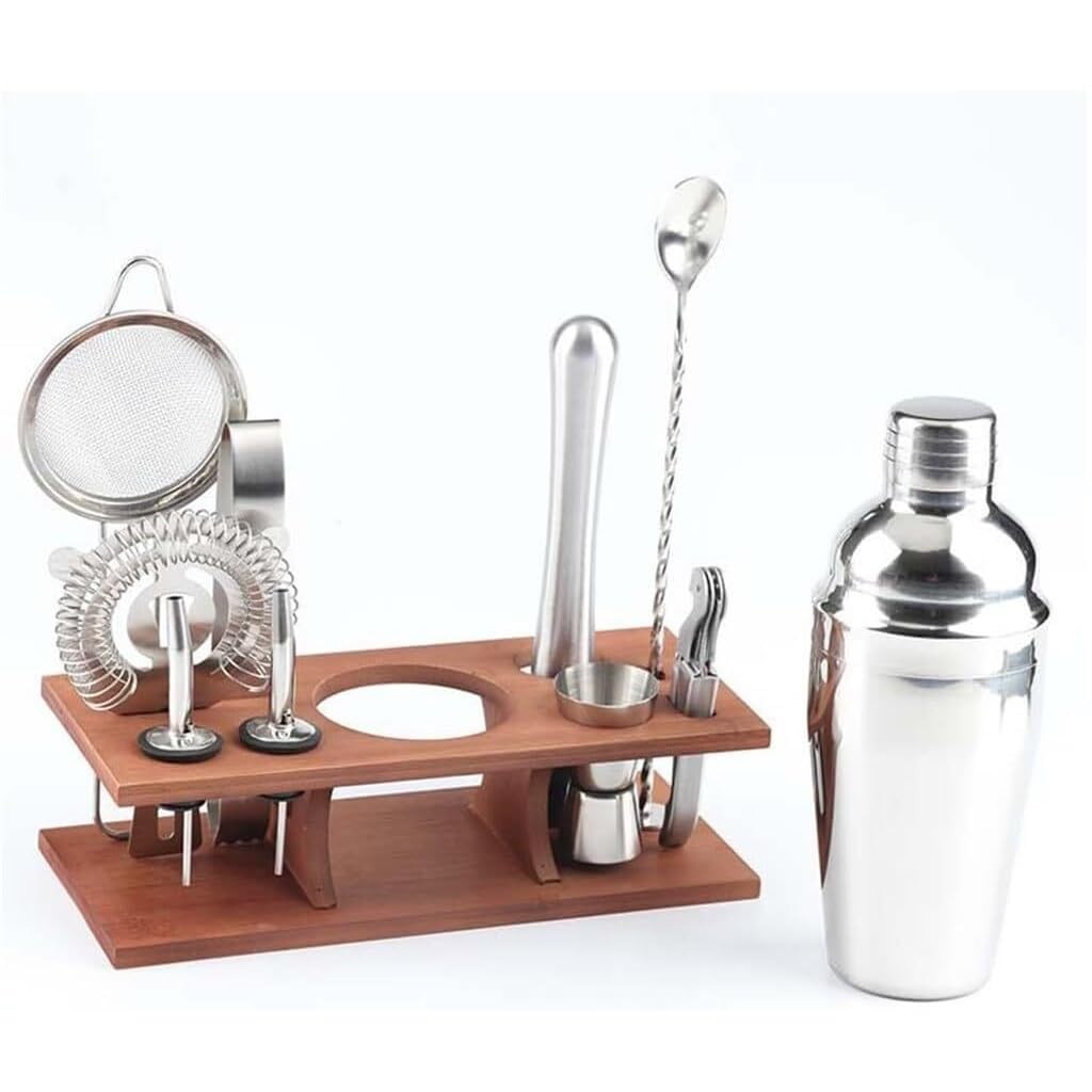 Coctelera Profesional Coctelera de Acero Inoxidable, Juego de Barra de 11 Piezas con Marco de Madera, Mezclador para Hacer cócteles Kit Coctelería (Color : Blue,Silver, Size : 350ML)