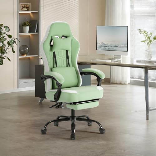 Image of DUMOS Gaming Chair with Linkage Armrests, Video Game Chairs with Pocket Spring Cushion, Ergonomic Computer Silla Gamer Office Desk Chair with Footrest for Adults & Students, Green