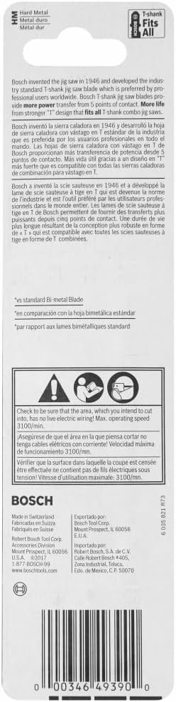 Bosch T367XHM3 3 pc. 5-1/4 in. 5-7 TPI Carbide Edge for All-Purpose T-Shank Jig Saw Blades