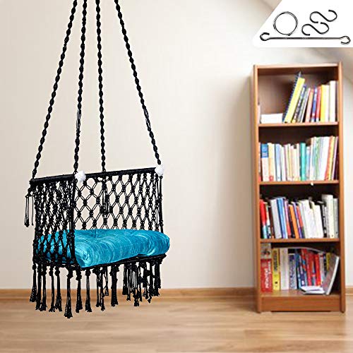 Image of Patiofy Made in India Premium Cotton C-Swing Chair for Adults, Kids Hammock-Hanging Chair Swing with Blue Color Cushion and Accessories (Black-Blue)