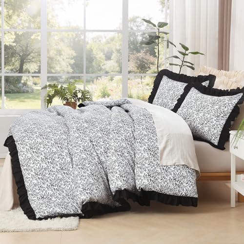 Image of Litanika Black White Queen Comforter Set, 3 Pieces Ruffle Floral Farmhouse Aesthetic Bedding Comforter Set, All Season Soft Lightweight Fluffy Microfiber Bed Set(90x90In Comforter, 2 Pillowcases)