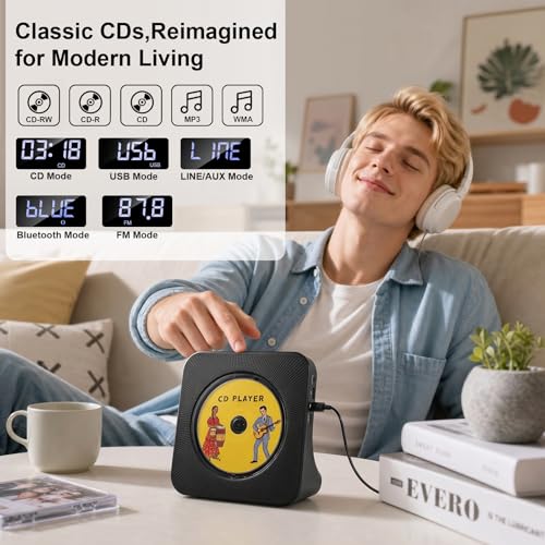 Image of Gueray CD Player Portable Bluetooth Desktop CD Player for Home with Timer Built-in HiFi Speakers with LCD Screen Display Boombox FM Radio USB Type-c (Black)
