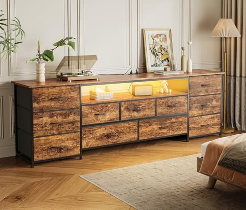 Huuger 70 Inch TV Stand for 75, 80 Inch TV, 11 Drawer Long Dresser with Power Outlets and LED Lights, Entertainment Center with Storage, Rustic Brown Dresser with PU Leather Surface