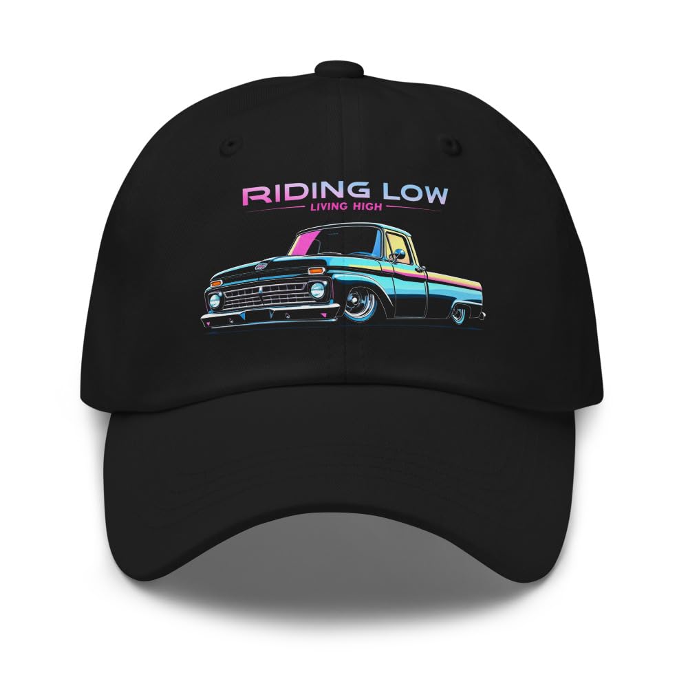 Czapka taty 1965 F100 – retro czapka z daszkiem Lowrider Truck z napisem "Riding Low Living High Design" – Vintage Pickup