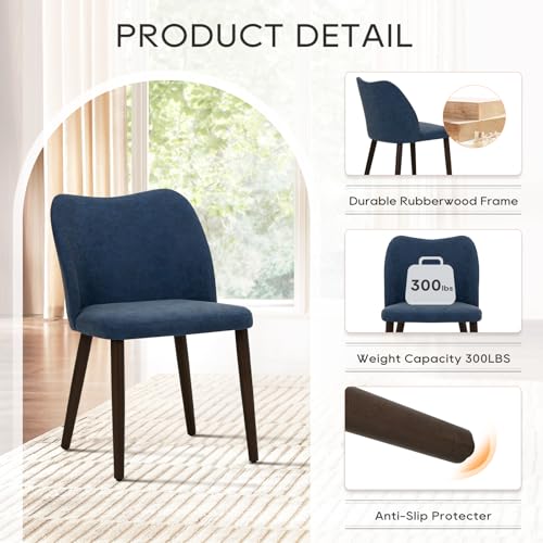 Image of MALOL Dining Chairs Set of 2, Upholstered Leather Kitchen Chairs with Curved Back, Padded Seat and Solid Wood Legs, Modern Dining Chair for Kitchen Dining Room, Blue
