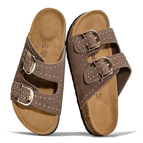 Image of Project Cloud 100% Genuine Leather Flat Sandals For Women 2026 Cork Footbed Womens Sandals with Memory Foam and arch support Vacation Essentials Slides for Women Footwear (Venita)