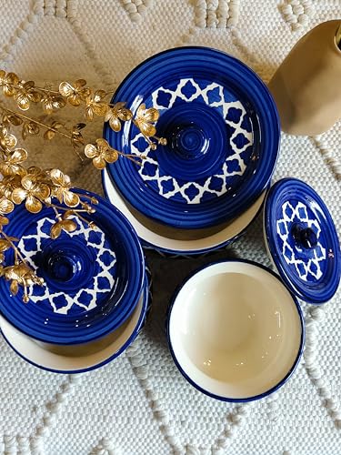 Image of Niyara Stoneware Handmade Ceramic Handpainted Multipurpose Storage Ceramic Jars & Containers with Lid Microwave Dishwasher Safe(Set of 3,) - Kitchen Storage /Serving Snacks Dish (Moroccan Blue)