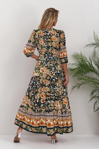 Image of Women Short Sleeve V Neck Floral Print Casual Bohemian Maxi Dresses